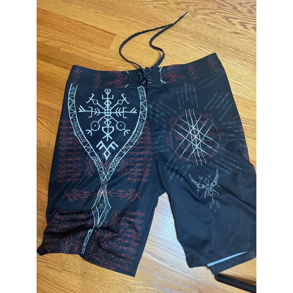 RARE Lunafide Board Shorts Viking Graphic SAthletic Workout Black Size L